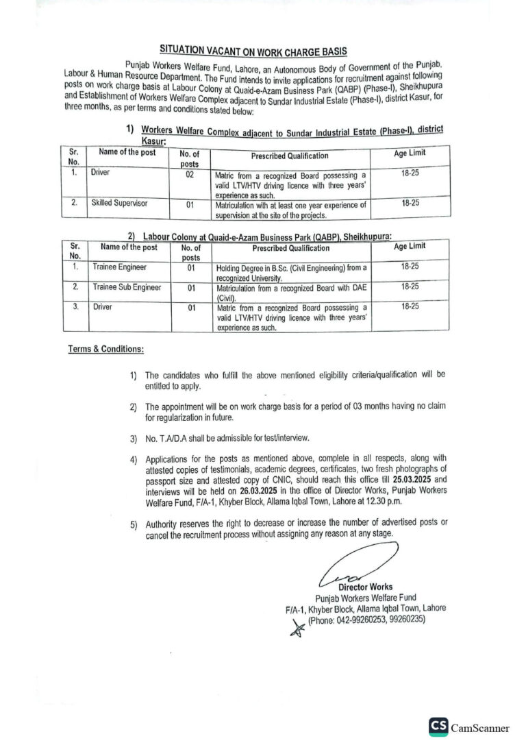 PWWF Jobs 2025 [Punjab Workers Welfare Fund]